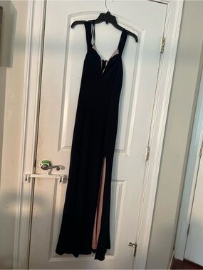 Dark navy blue/ pink thigh slit prom dress